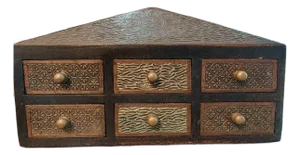 Vintage Elegant Indian 6-Drawer Stamped Metal & Wood Jewelry Trinket Chest