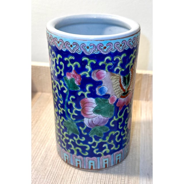 Vintage Chinoiserie Hand Painted Chinese Enameled Brush Pots - A Pair For Sale - Image 4 of 12