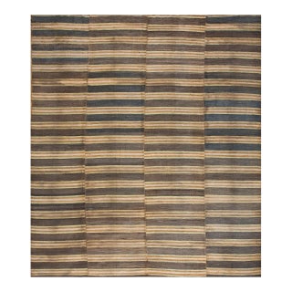 1900s Multibrown Stripe Antique American Rag Rug 12'8" X 14'8" Flatweave Wool Carpet For Sale