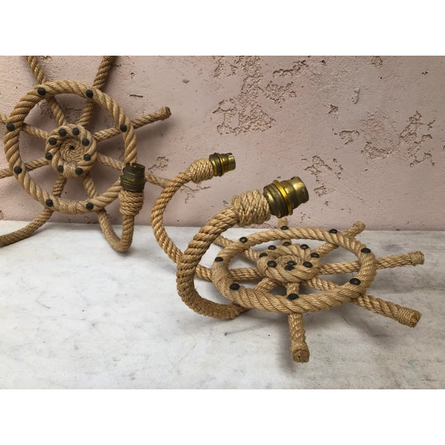 Mid-Century Modern Pair of Rope Ship Wheel Sconces Audoux Minet, Circa 1960 For Sale - Image 3 of 6