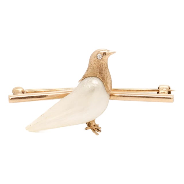 Mid-Century Modern Gold, Diamond, & Baroque Pearl Figural Dove Brooch or Bar Pin For Sale