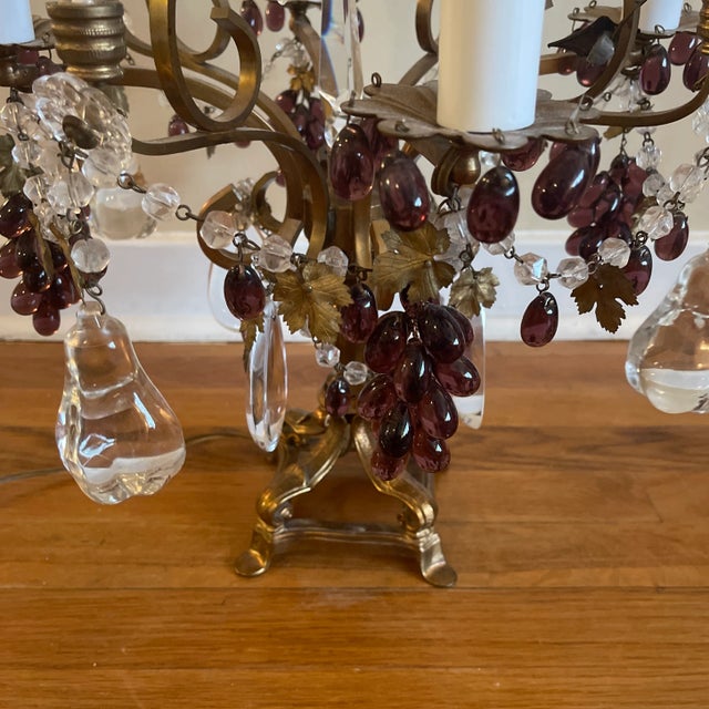 Gorgeous Fine antique Italian or French 4 light candelabra. Brass and adorned with crystal. Grapes and pears and spires...