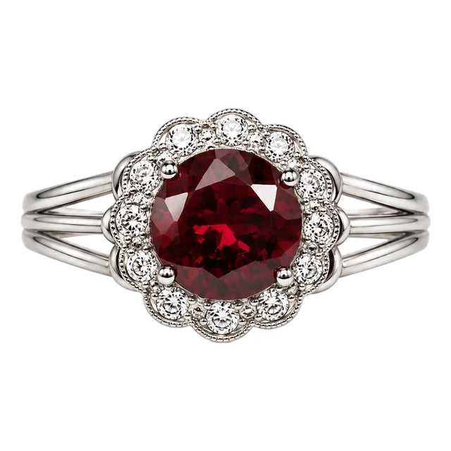 18K White Gold Platinum Garnet Diamond Handmade Ring Estate For Sale