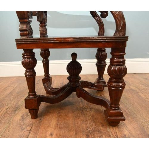 Brown Jacobean Revival Hall Throne Armchairs in Carved Oak, 1890s, Set of 2 For Sale - Image 8 of 9