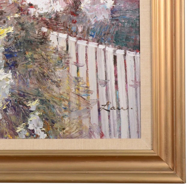 American 1980 Kwok Leung Law Oil Painting Harbor Scene With Floral Garden For Sale - Image 3 of 6