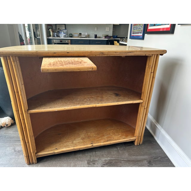 Vintage bamboo bar Upholstered bar stools Bar 50” long 18”wide 39.5 “ high Stools - 15” wide - 28.5 “ high