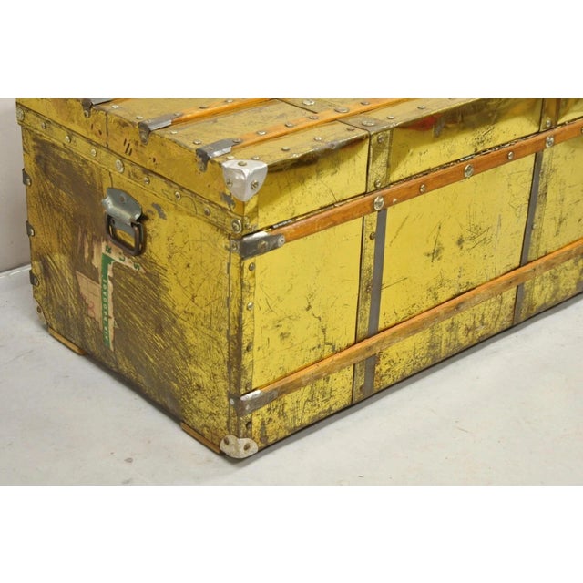 Antique Victorian Brass Clad Wooden Band Train Trunk Storage Treasure Chest For Sale - Image 9 of 11