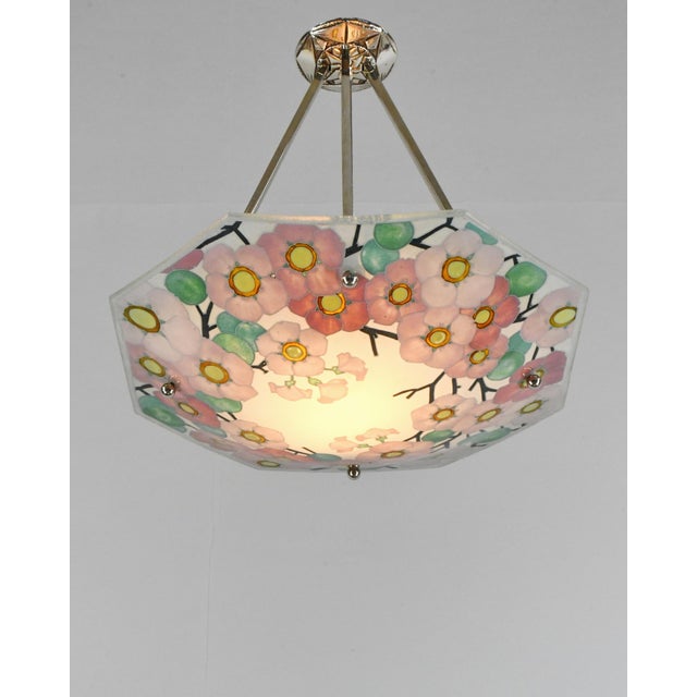 Loys Lucha French Art Deco Pendant Light 1930s - Octagonal Pink Floral Enameled Shade For Sale - Image 4 of 16