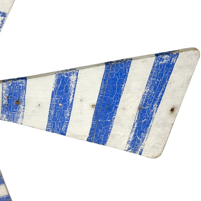 Vintage 1950s Primitive Wooden Windmill Fan Blade Distressed Painted White & Blue Striped Wood For Sale - Image 4 of 10