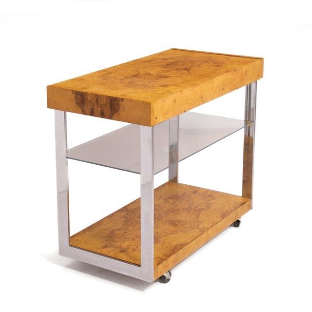 A Mid Century olive burl wood bar cart by Lane Furniture, excellent wood selection with beautiful wood grain. Flat bar...