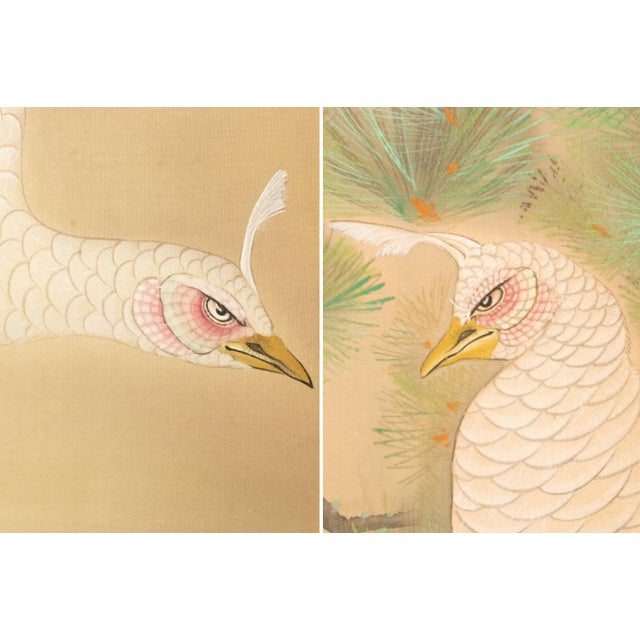 "White Peacock & Peony" by Ryumin, Large Vintage Japanese Painted Silk Byobu Screen For Sale - Image 13 of 18