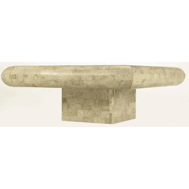 Contemporary Taupe Tessellated Fossil Stone Pedestal Coffee Table For Sale - Image 3 of 7