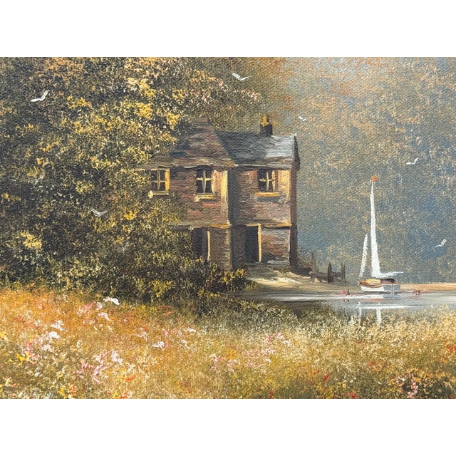 Serene Countryside Landscape with Sailboat & Wild Flowers in English Countryside 1980 Circa For Sale - Image 4 of 18