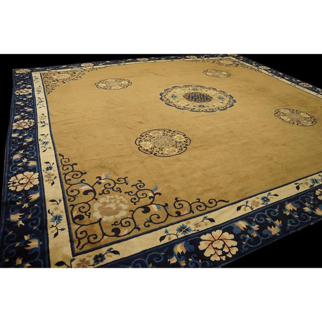 Chinese 1920s Camel Field Swastika Antique Chinese Peking Knotted 13'4" X 14' Square Rug For Sale - Image 3 of 8