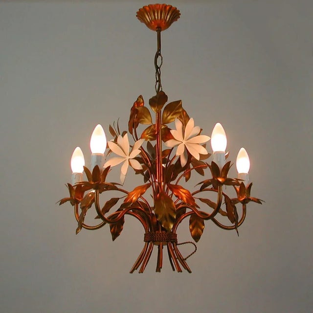 Mid-Century 5-Light Gilt Leaf & White Blossom Chandelier by Hans Kögl, 1970s For Sale - Image 9 of 18