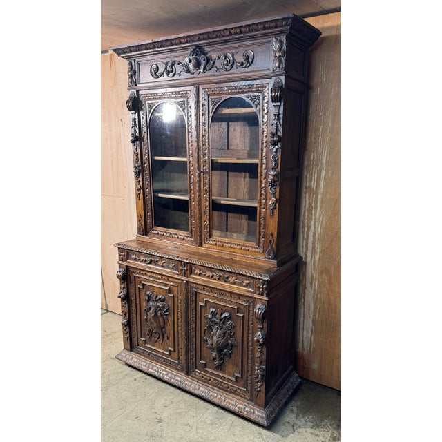 Brown French Carved Oak Hunting Cabinet, 1860 For Sale - Image 8 of 14
