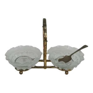 Frosted Glass Relish Condiment Serving Dishes with Metal Caddy and Spoon - 3 Pieces