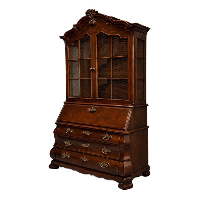 Vintage Henredon Architectural Secretary Desk With Brass Mesh Doors & Bombe Drawers – Rich Dark Walnut Finish For Sale