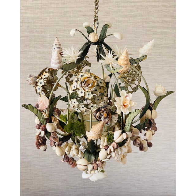 1950s Lovely Floral Tole and Sea Shell Candle Pendant Lamp For Sale - Image 4 of 10