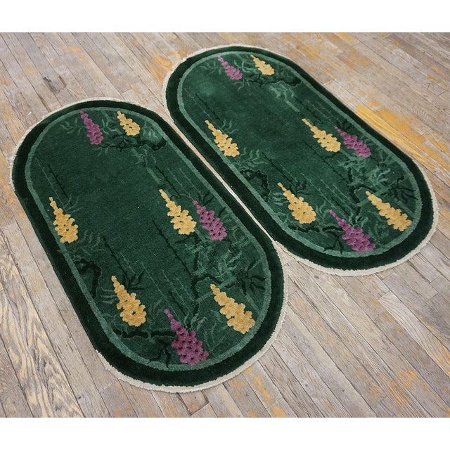 Mid-Century Modern Beautiful Green Background Floral Pattern Pair of Antique Chinese Art Deco Rugs For Sale - Image 3 of 15