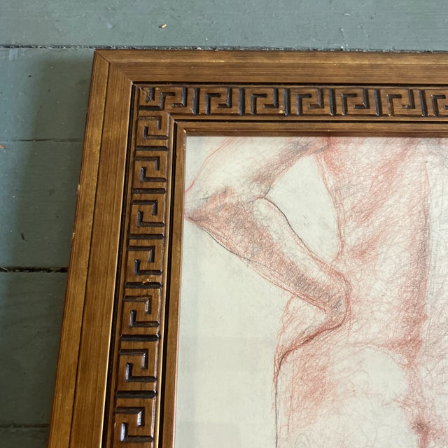 Modern 1970’s Vintage Sepia Charcoal Female Nude Drawing Greek Key Frame For Sale - Image 3 of 4