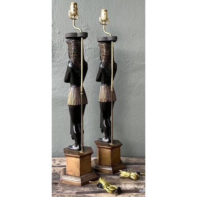 Gold Vintage Monumental Ebonized Pharaoh Table Lamps - A Pair For Sale - Image 8 of 12