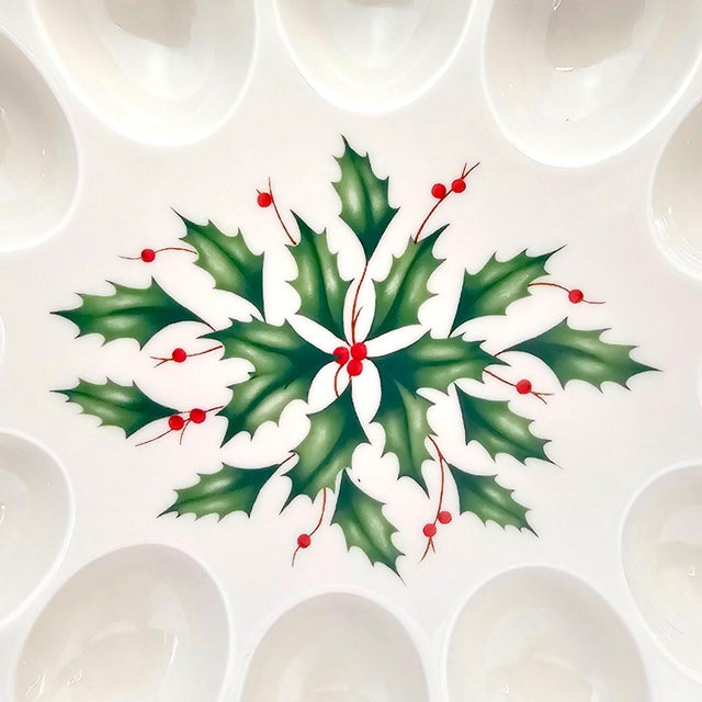 Lenox Late 20th Century Lenox Holiday Holly-and-Berry Porcelain Deviled Egg Platter With Gold Trim For Sale - Image 4 of 11
