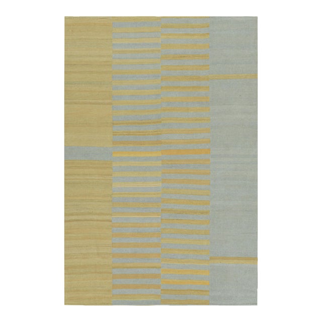 Rug & Kilim’s Contemporary Kilim With Textural Gold, Cream and Blue Stripes For Sale