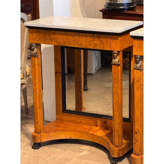 19th Century Pair Empire Consoles With Burlwood and Marble Tops For Sale - Image 6 of 16