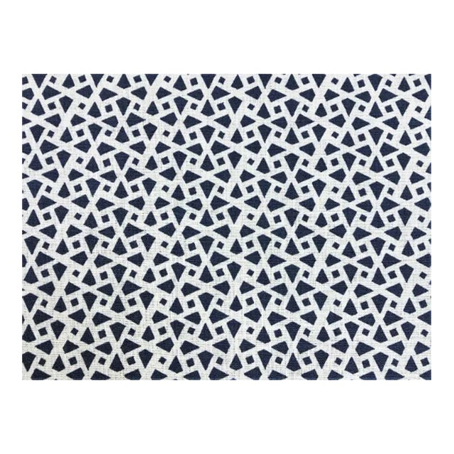 Alex Conroy Mughal Lattice Small Reverse Indigo Navy Blue White Geometric Linen Fabric For Sale