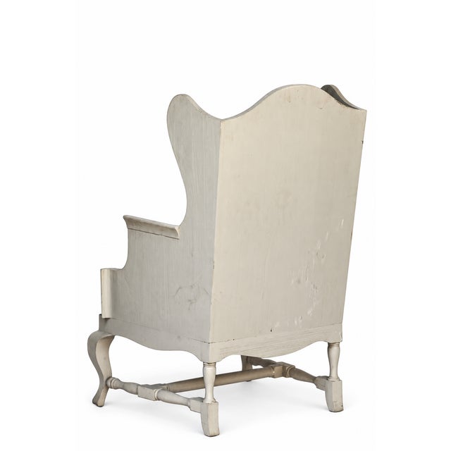 Vintage Rh Pale Grey Wood Wingbak Chair W/Navy Blue Seat For Sale In Los Angeles - Image 6 of 11