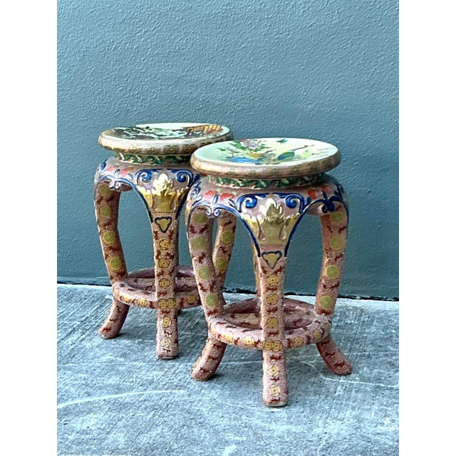 Blue Vintage Asian Glazed Ceramic Low Stools - A Pair For Sale - Image 8 of 12