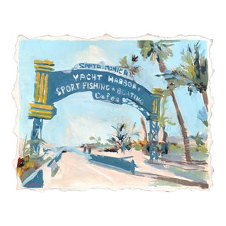 Santa Monica Pier - Original California Coastal Mixed Media Painting on Paper by Kellie Newsome For Sale