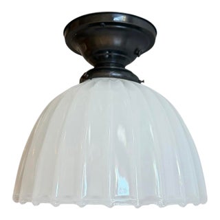 Antique Moonstone Glass Fluted Flushmount Ceiling Light Fixture For Sale