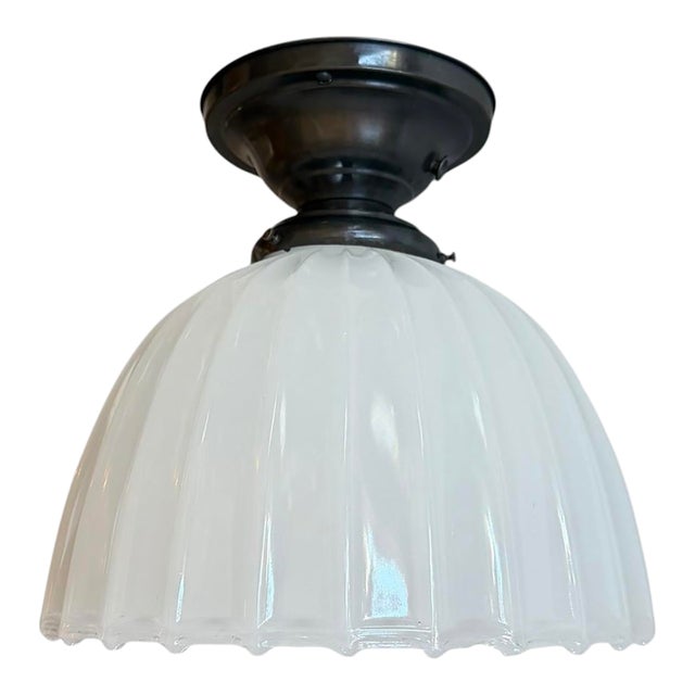 Antique Moonstone Glass Fluted Flushmount Ceiling Light Fixture For Sale