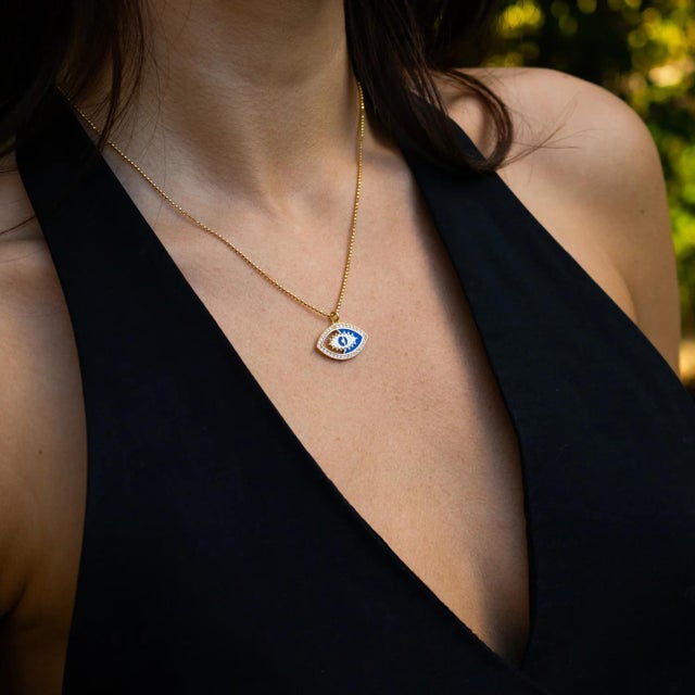 Celestial Evil Eye Blue Enamel Gold Necklace For Sale - Image 9 of 10