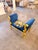 French Louis XVstyle double-ended bench / window seat, upholstered in rich royal blue velvet and framed in an ornate gold...