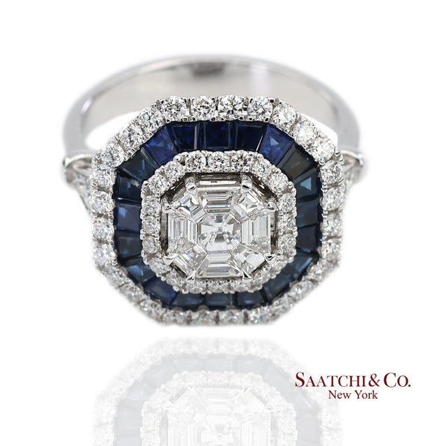 18k(750) White Gold Royal Blue Sapphire and Asscher Pie Cut Natural Diamond Ring, Size 6.5 For Sale In New York - Image 6 of 11