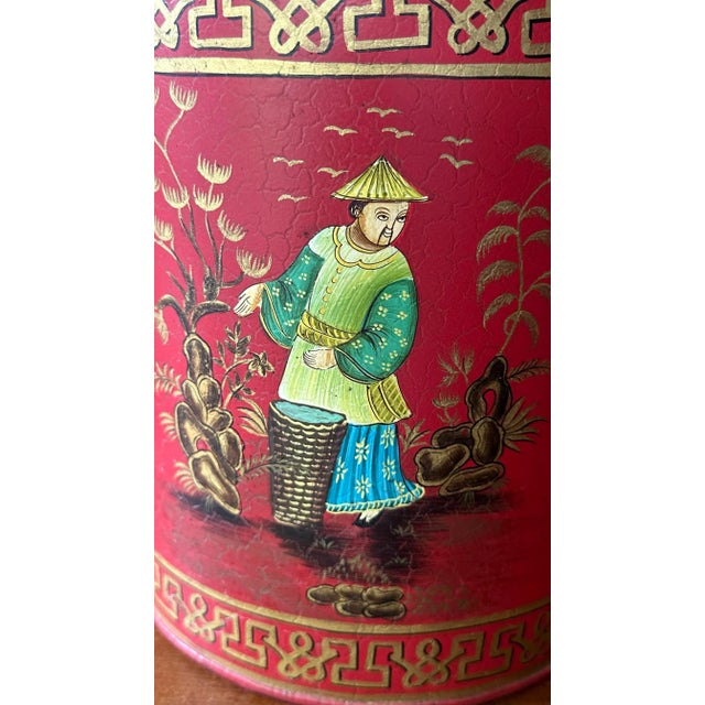 Chinoiserie Red Chinoiserie Tea Canister Tole Table Lamp For Sale - Image 3 of 12