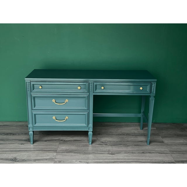 Dixie Mid-Century Forrest Green High Gloss Lacquered Desk of Four Drawers For Sale - Image 4 of 11