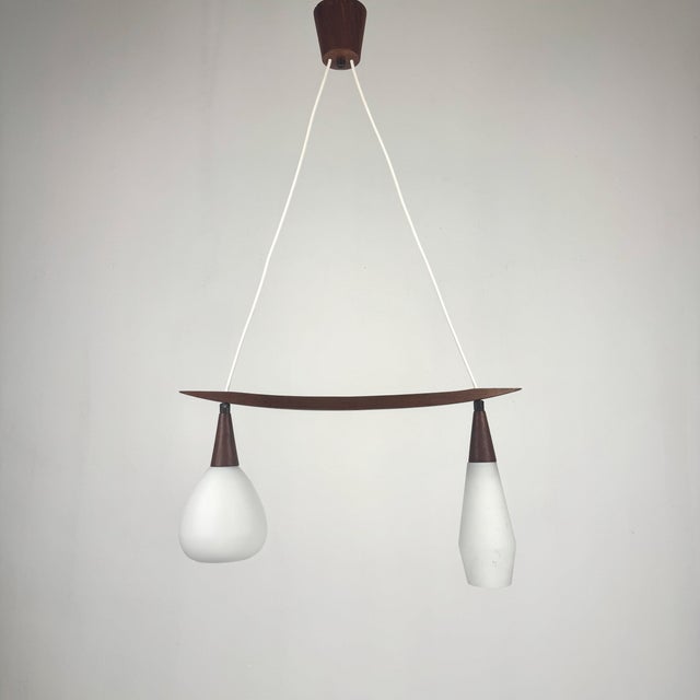 Brown Mid-Century Modern Scandinavian Teak and White Glass Double Pendant Light, 1960s For Sale - Image 8 of 9