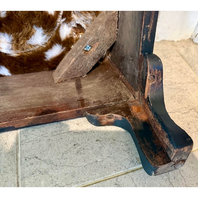 Mid 19th Century Faux Deer Hide Antique Footstool | Lodge Look | Cabin Decor Faux Fur Foot Rest | Farmhouse Stool Wood Legs For Sale - Image 10 of 11