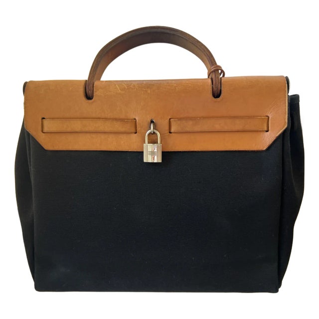 Hermes Herbag Pm Black and Brown Tiole Canvas With Leather Trim For Sale