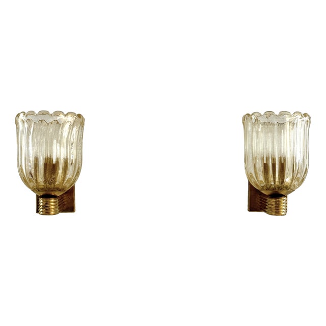 Art Deco Italian Murano Crystal Glass and Brass Wall Sconces, 1990s, Set of 2 For Sale