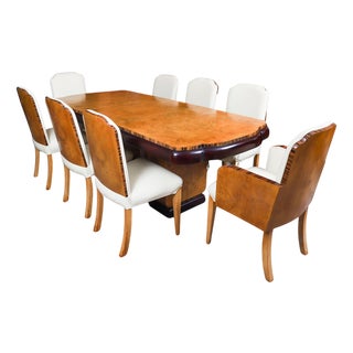 Antique 20th Century Art Deco Burr Walnut Dining Table & Chairs attributed to Epstein, 1920s, Set of 9 For Sale