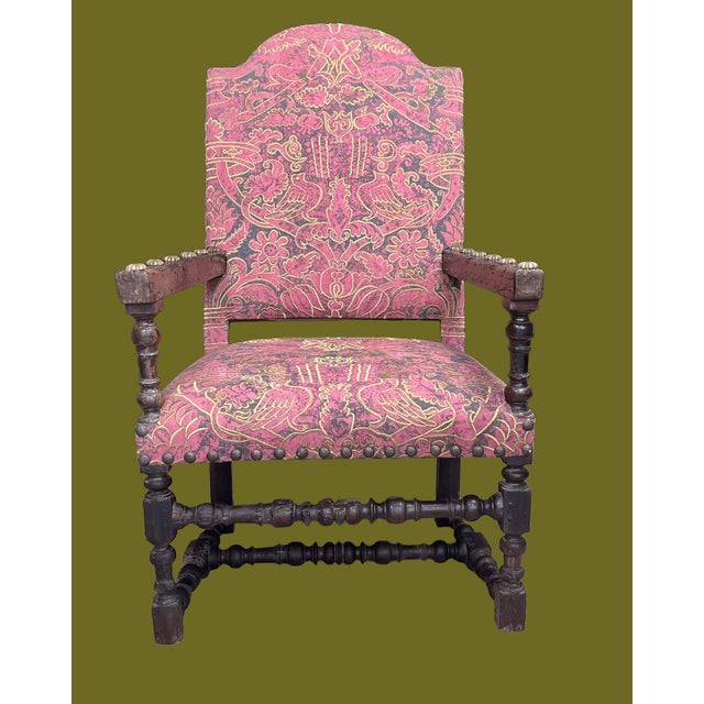 Unusual Early 19th Century Jacobean Gothic Open Arm Chair Recently Reupholstered For Sale - Image 15 of 16