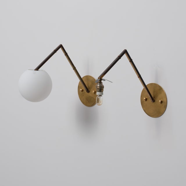 1950s Vintage Italian Geometric Brass and Opaline Globe Wall Sconces, 1950s, Set of 2 For Sale - Image 5 of 14