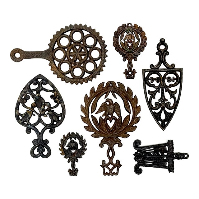 Antique Cast Iron Trivet Curation - Group of 7 For Sale