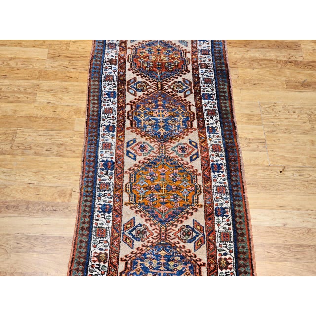 Vintage Persian Serab Runner, Hand-Knotted Wool, Geometric Medallion Pattern, Ivory & Blue, 3x11 For Sale - Image 10 of 14