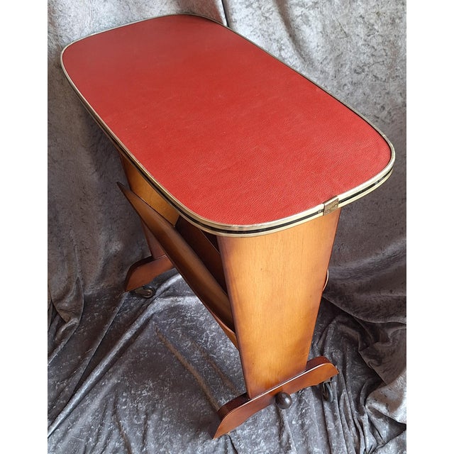 Mid-Century Side Table with Integrated Newspaper Rack in Brown Beechwood with Red Faux Leather Top, 1960s For Sale - Image 4 of 7